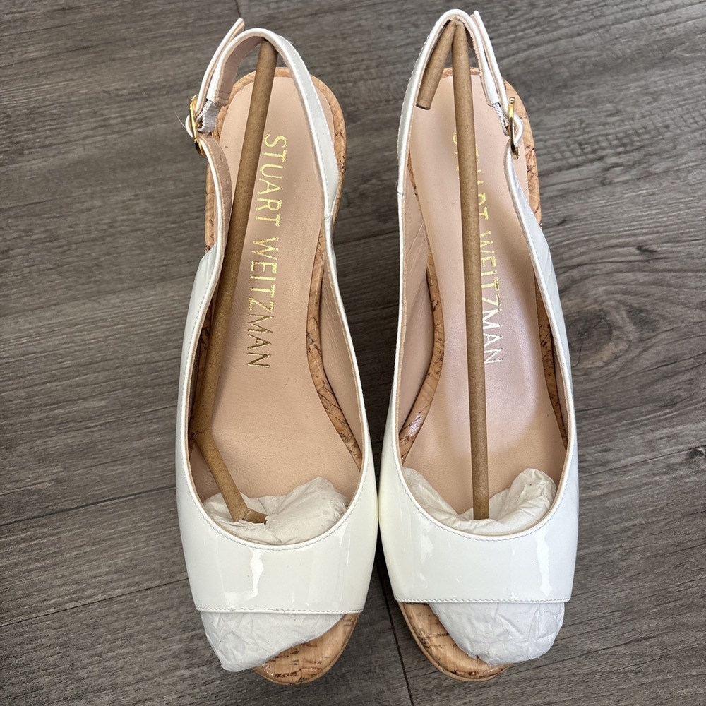 Stuart Weitzman White Patent Leather Peep Toe Wedge Sandals 7.5 High Heel Spain